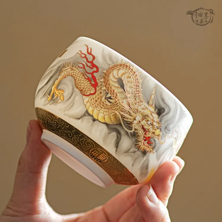 德化白瓷茶具茶盏金龙献瑞羊脂玉瓷家用高档专用茶杯陶瓷主人杯