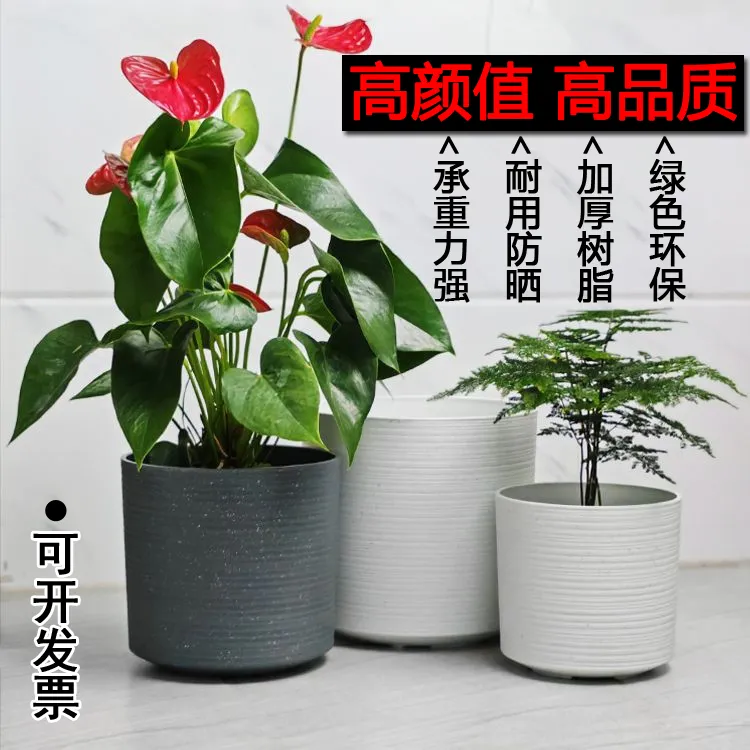 仿水泥圆形花盆优选环保树脂轻奢直筒盆阳台厅堂养大植物种小绿植