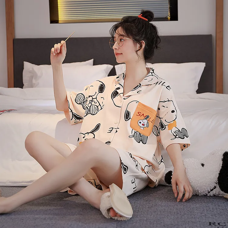 夏季新款女士短袖睡衣套装开衫翻领大码宽松休闲韩版甜美风家居服