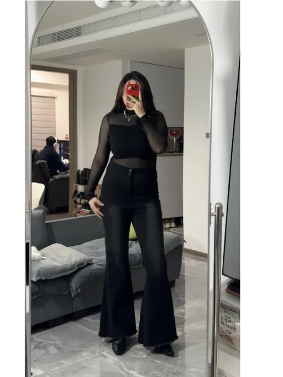 胖mm大码加绒显瘦收腹渐变鱼尾喇叭牛仔裤女辣妹外穿修身垂感5898