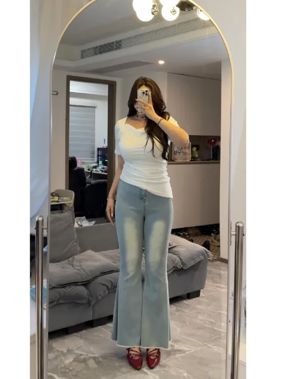 胖mm大码加绒显瘦收腹渐变鱼尾喇叭牛仔裤女辣妹外穿修身垂感5898