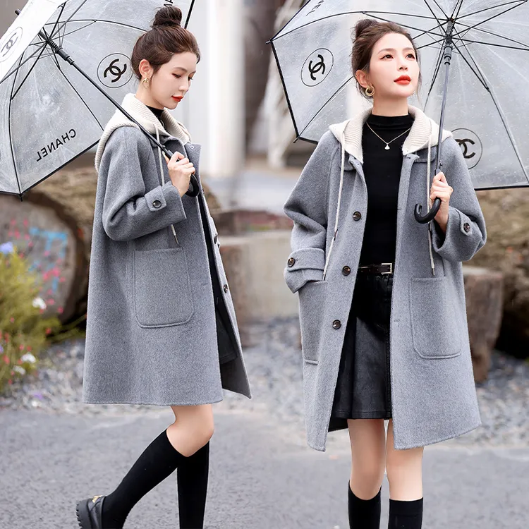 2024秋冬新款休闲气质百搭连帽双面呢大衣气质羊毛外套