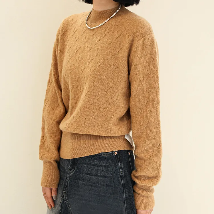 春开羊绒衫爱心提花圆领长袖百搭女士宽松半高领纯色驼色针织秋冬