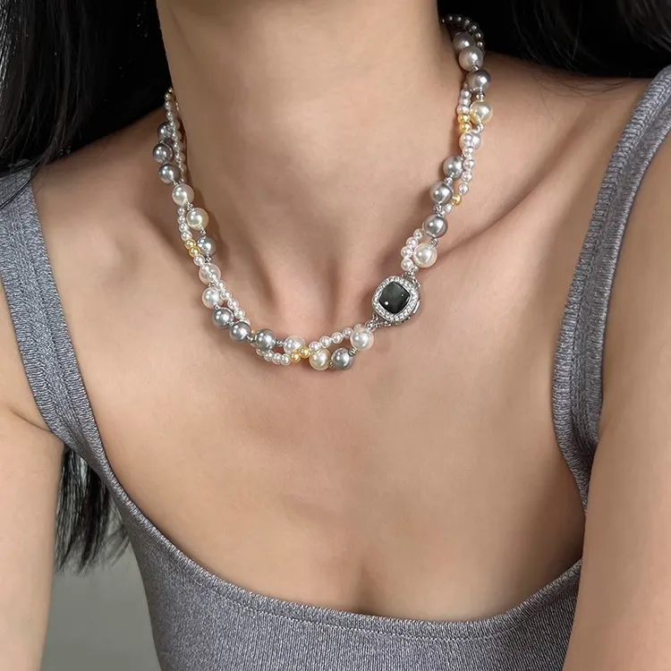 铜合金项链 轻奢混彩双层仿珍珠项链女高级感轻奢小众锁骨链颈链