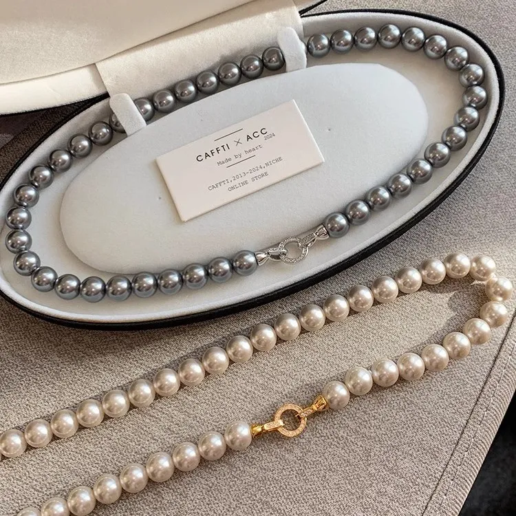 合金项链 施家真多麻银灰色仿珍珠项链女秋冬高端长款毛衣链颈链