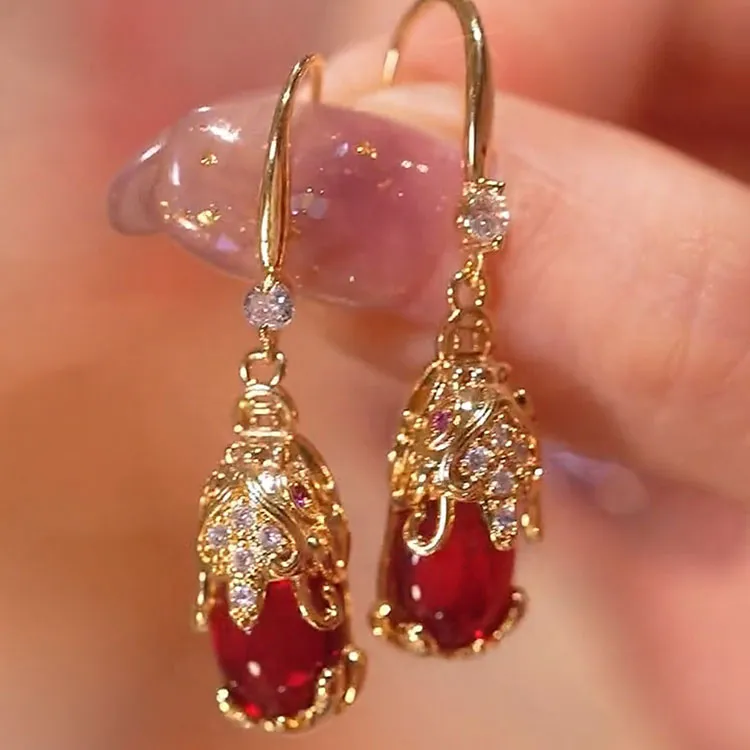 铜合金耳饰 貔貅复古耳环女小众高级感气质优雅大气红色耳饰耳坠