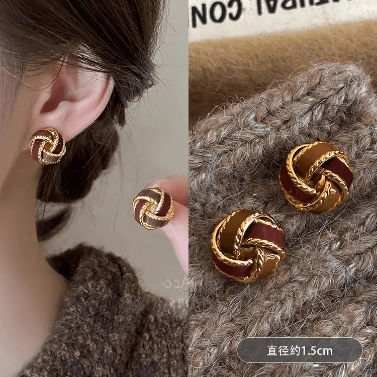 铜合金耳饰 安可拉红拼色同心结耳钉小众设计耳环女时尚秋冬耳饰