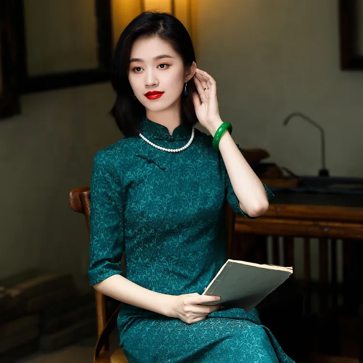 【思琪精选】祖母绿旗袍秋季新款复古中国风棉麻日常改良中式连衣裙