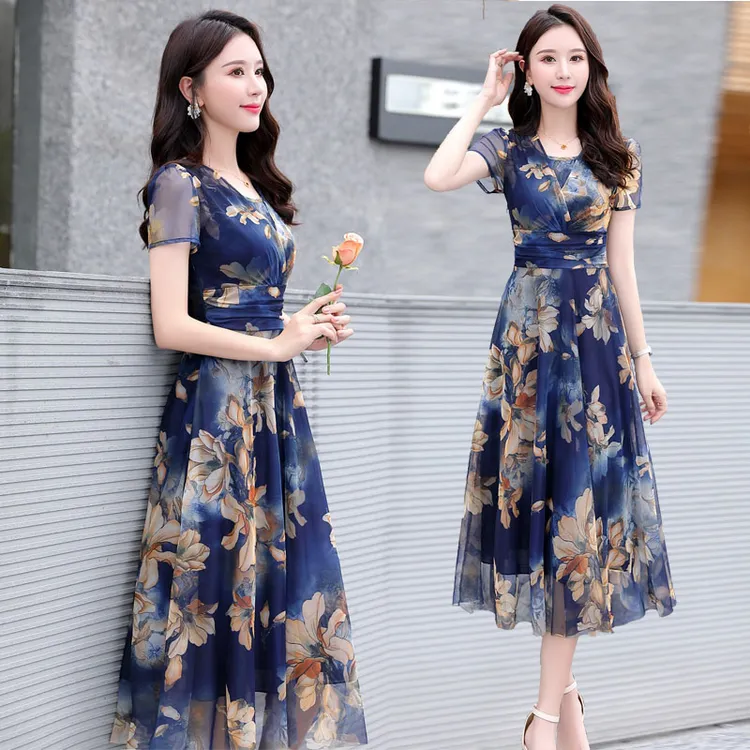 高档真丝连衣裙女夏2023新款桑蚕丝大牌遮肉显瘦中年妈妈印花裙子