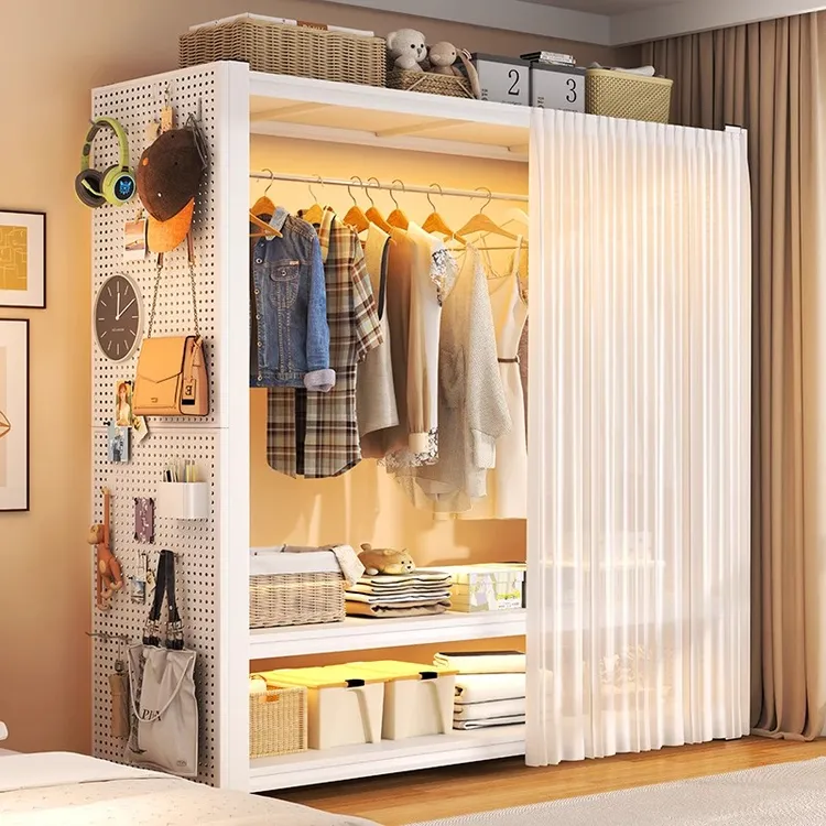 货架衣柜家用卧室开放式落地挂衣架防尘帘多层钢制简易组装置物架