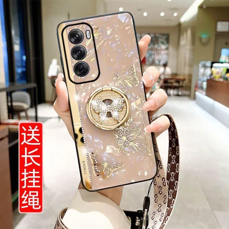 OPPOReno12挂脖挂绳手机壳新款Reno12Pro新款镶钻支架硅胶套