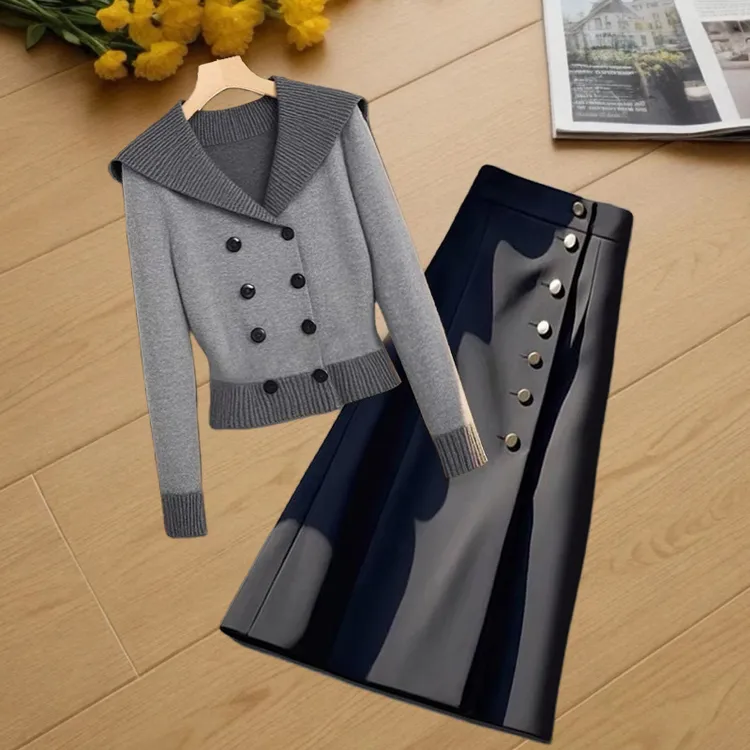 2025秋冬轻奢高端洋气设计感收腰百褶西装外套上衣半身裙两件套装
