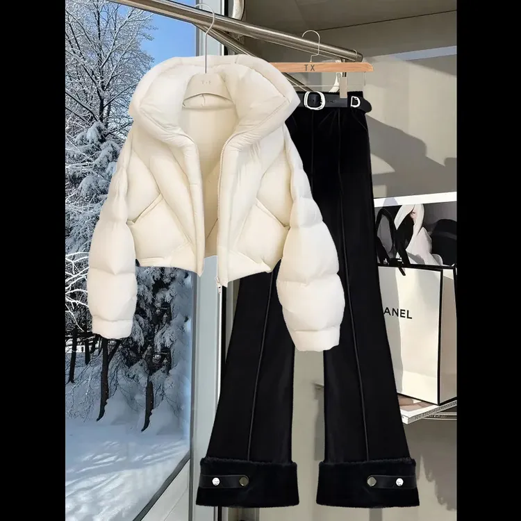 网红气质轻奢休闲时尚显瘦保暖面包棉服外套直筒裤子套装女冬款