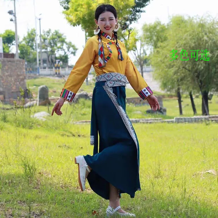 藏族服装女锅庄舞裙子民族风藏地旅拍写真服饰套装一片式裹裙2024