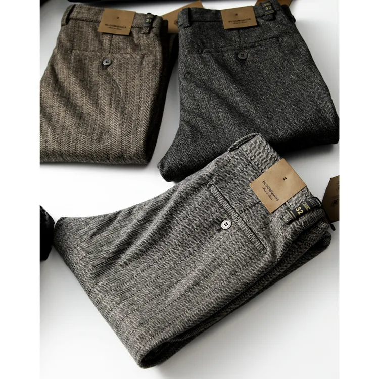 英伦复古人字纹毛呢裤 秋冬新款绅士条纹裤男士休闲裤直筒宽松