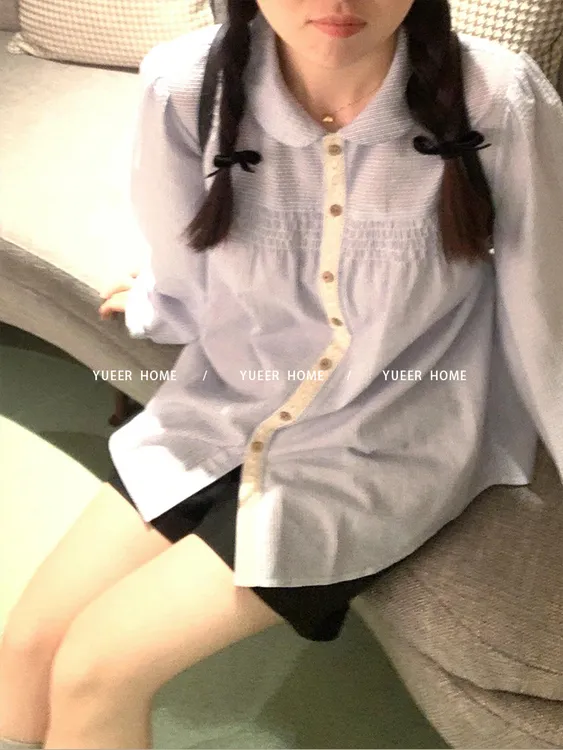 学院风蓝色条纹娃娃领衬衫女秋季新款设计感宽松百搭甜美长袖外套