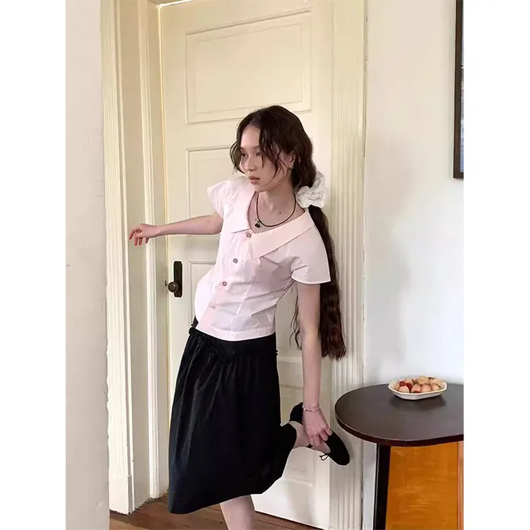 【尤莱特】甜美粉色翻领短袖衬衫女夏宽松显瘦小衫简约休闲百搭上衣