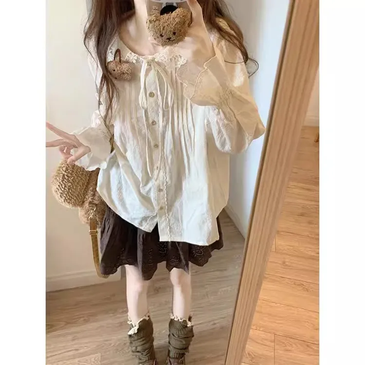 法式复古甜美花边领长袖衬衫女2025秋季新款设计感宽松小个子上衣