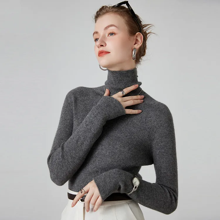 鄂尔多斯市秋冬无缝高领羊绒衫女修身纯色针织打底衫套头内搭毛衣