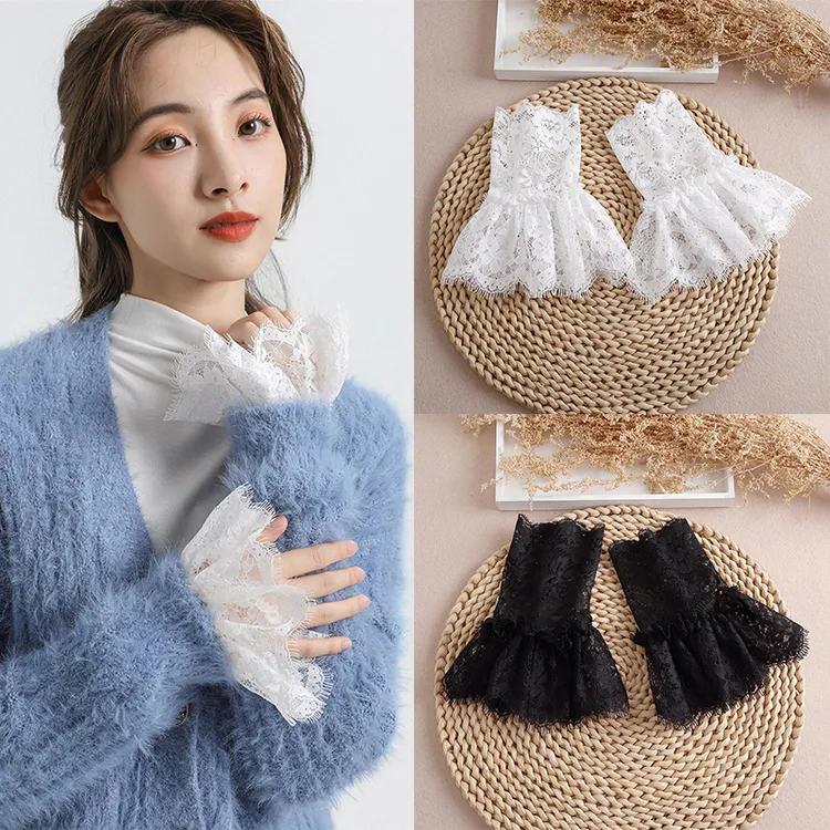 假袖口女百搭蕾丝护腕搭配毛衣衬衣精致半指喇叭袖套婚礼礼服袖套