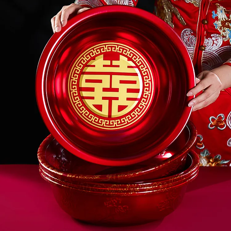 婚礼新娘陪嫁嫁妆女方陪嫁洗脸盆结婚喜盆一对红盆子套装婚庆用品