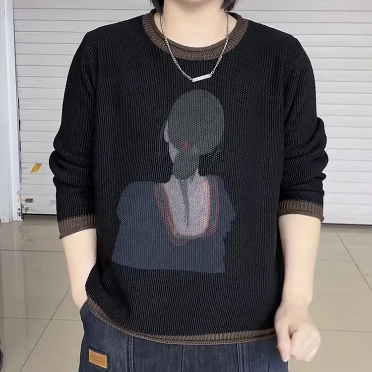 2025秋冬新款撞色圆领针织衫小众印花毛衣宽松显瘦洋气百搭上衣女