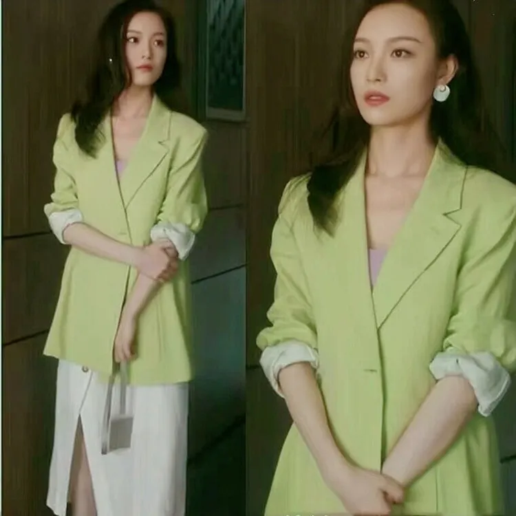 流金岁月朱锁锁罗子君同款棉麻西服设计感天丝亚麻高级绿色小西装