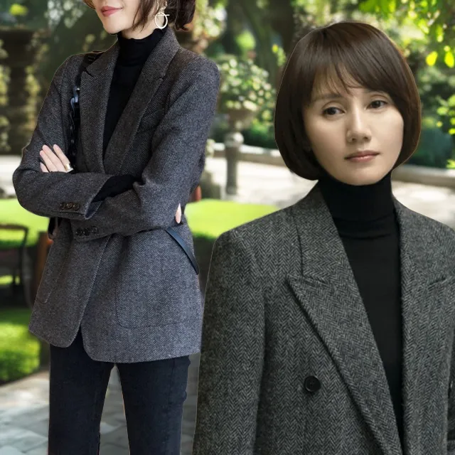 袁泉同款西服小个子轻奢职场通勤高级感人字纹收腰羊毛呢西装外套
