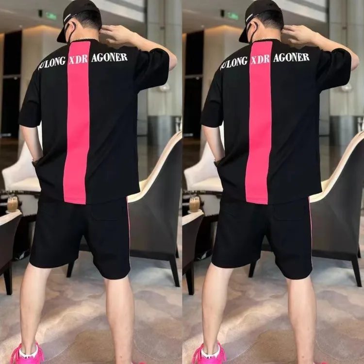 欧货潮牌百搭休闲运动套装男士夏季透气短袖T恤宽松短裤两件套