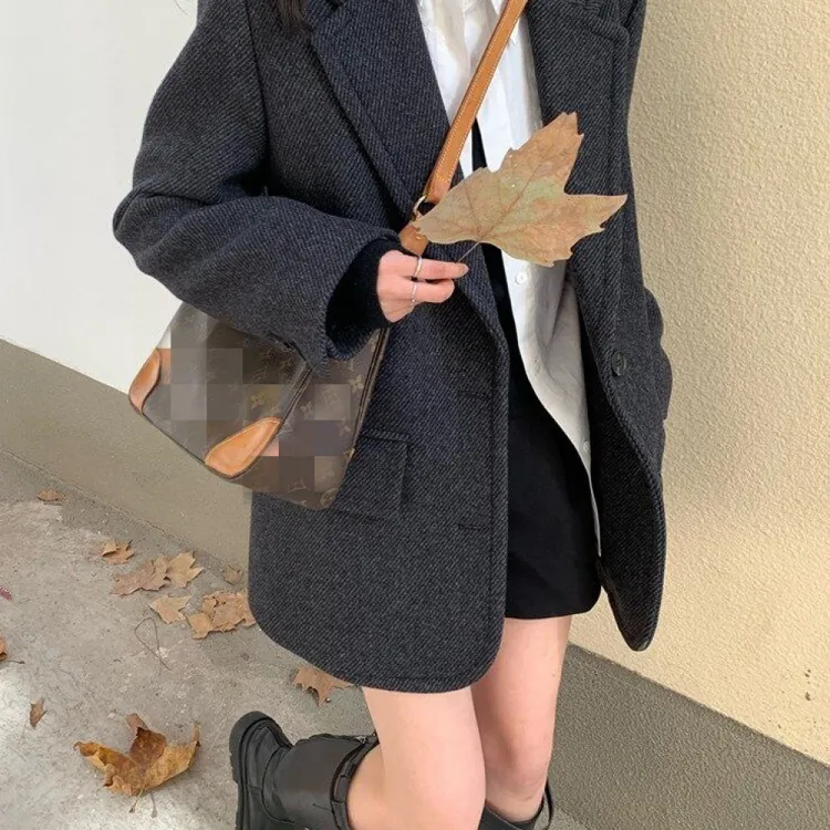 大码女装通勤复古毛呢西装外套2025秋冬新款胖MM加厚西服女