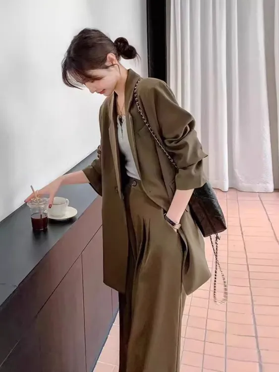 大码女装西装阔腿裤两件套2025秋装新款胖mm职业西服西裤职场套装