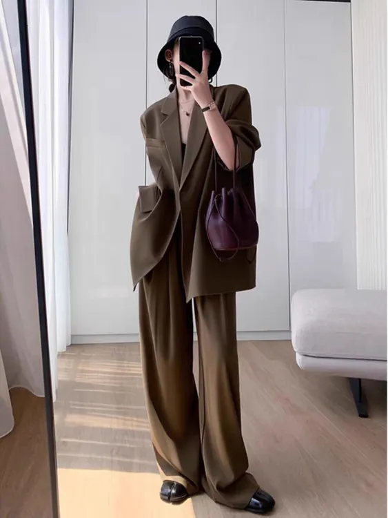 2025新款大码女装西装套装胖mm职业西服外套阔腿裤拖地长裤两件套