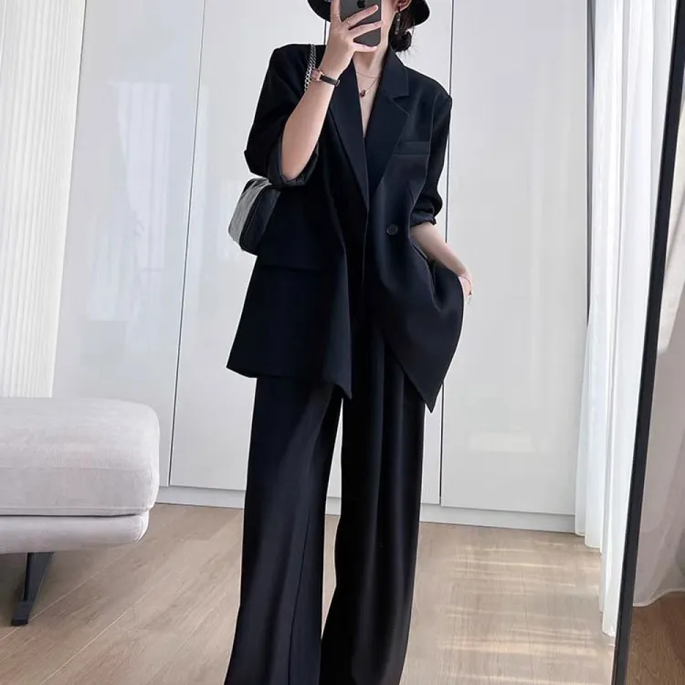 2025新款大码女装西装套装胖mm职业西服外套阔腿裤拖地长裤两件套