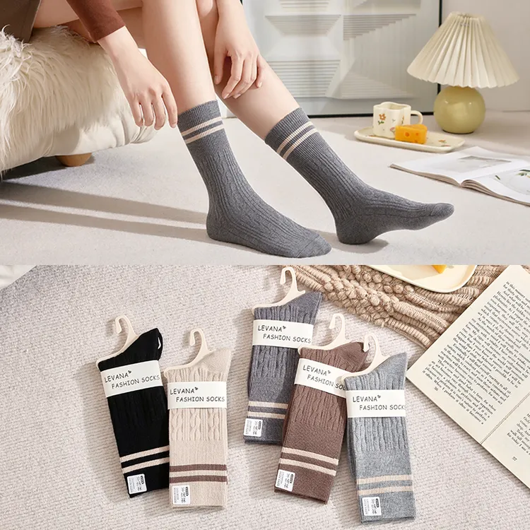 美利奴羊毛袜子女秋冬保暖长筒袜月子袜堆堆条纹加厚冬天中高筒袜