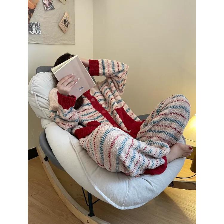 红色复古条纹半边绒大码睡衣女冬季新款加绒加厚本命年家居服套装