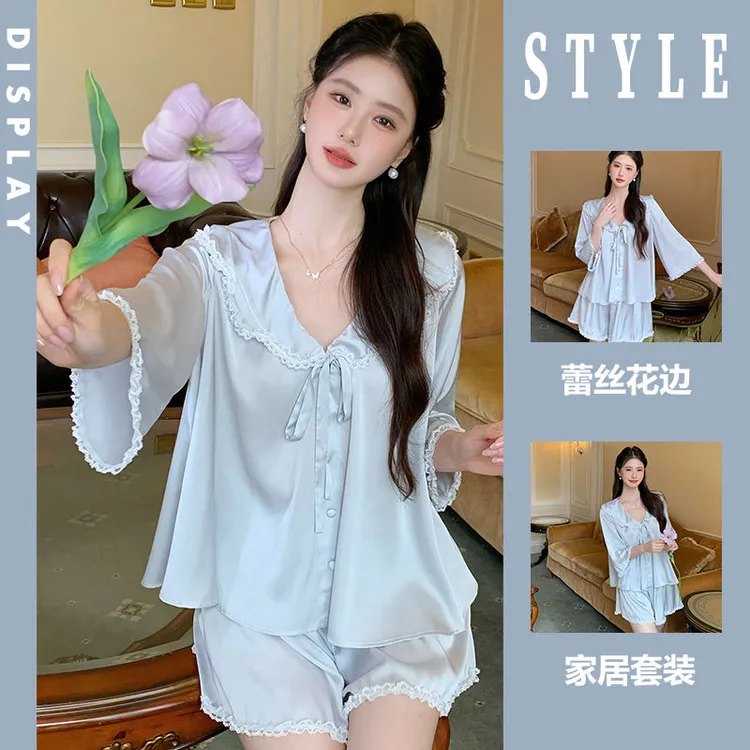 法式蕾丝花边蓝色凉感冰丝睡衣女夏款大码公主风舒适亲肤家居套装