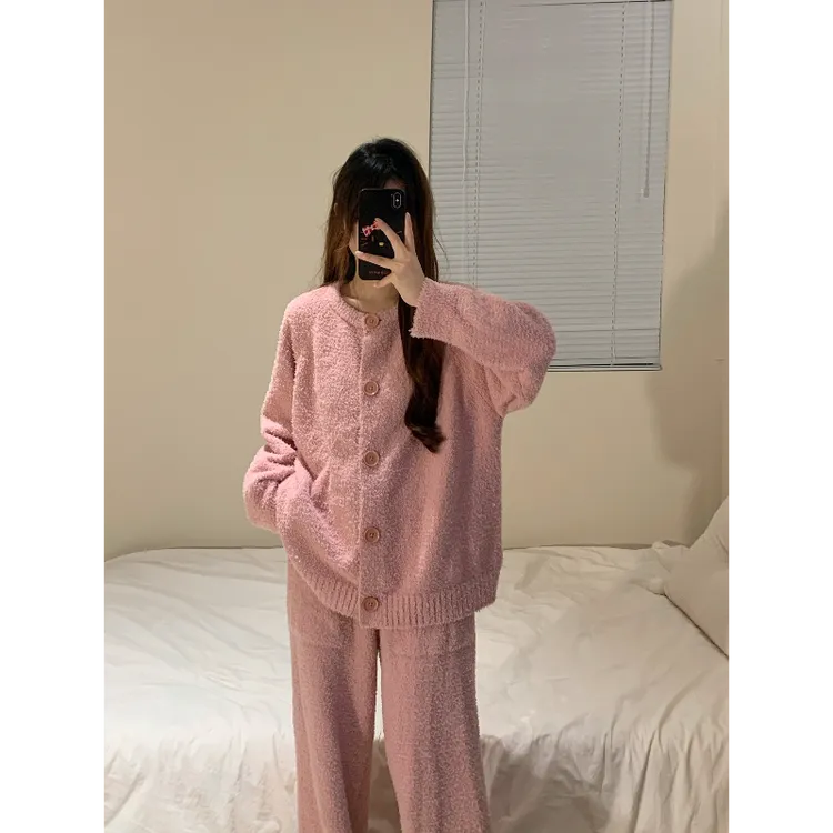 简约针织加厚保暖圆领睡衣套装女冬季新款软糯半边绒家居服两件套
