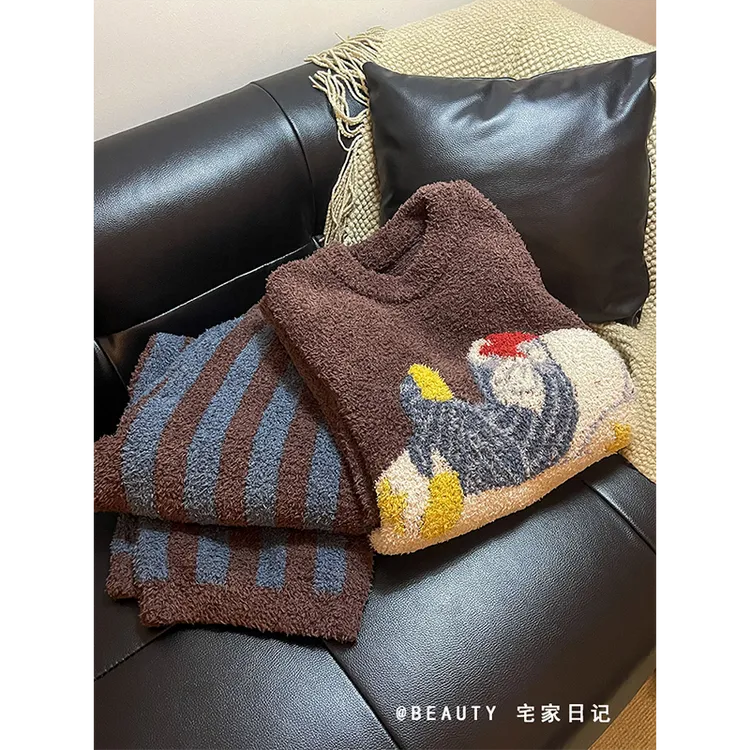 美拉德棕色半边绒睡衣女士加绒加厚套装韩系撞色卡通印花家居服冬