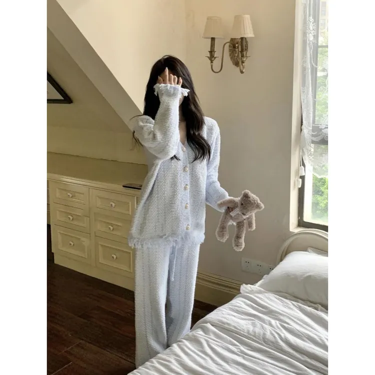 法式小香风半边绒睡衣套装女冬季新款大码加厚针织家居服两件套女