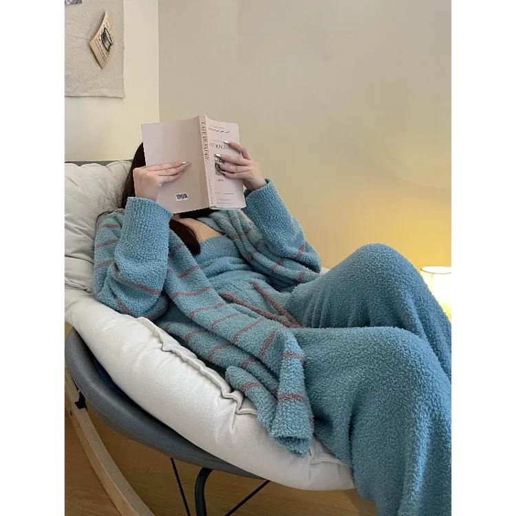 简约时尚条纹针织半边绒吊带睡衣女秋款加绒加厚保暖家居服三件套