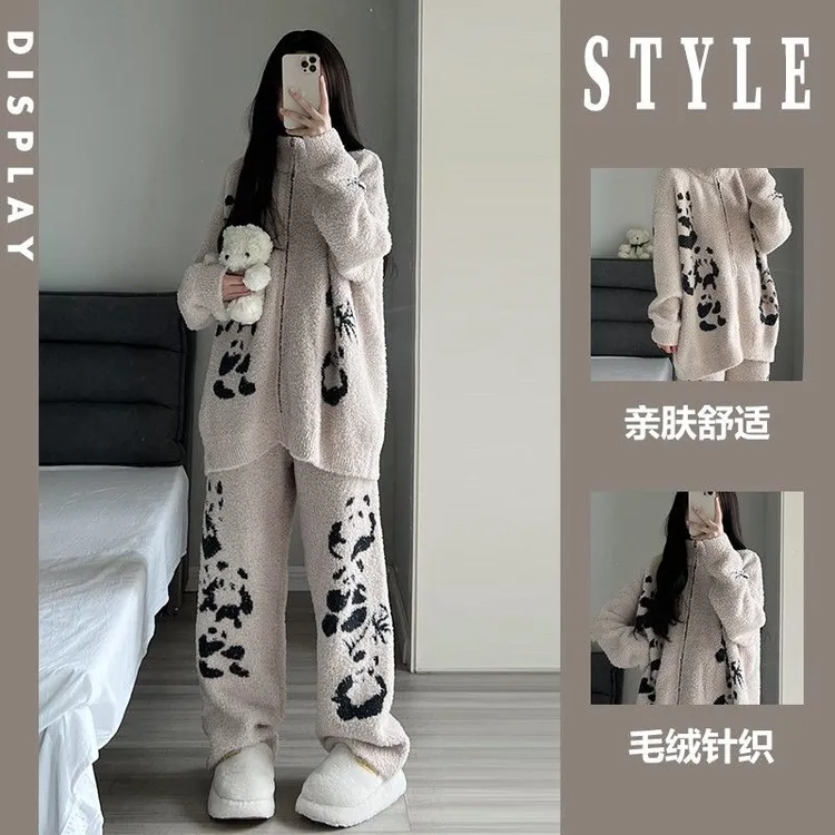 少女可爱熊猫半边绒睡衣女加绒加厚冬季毛绒针织家居服套装可外穿