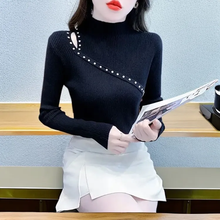 重工水钻半高领打底衫加厚针织毛衣百搭时尚休闲秋冬新款女士洋气