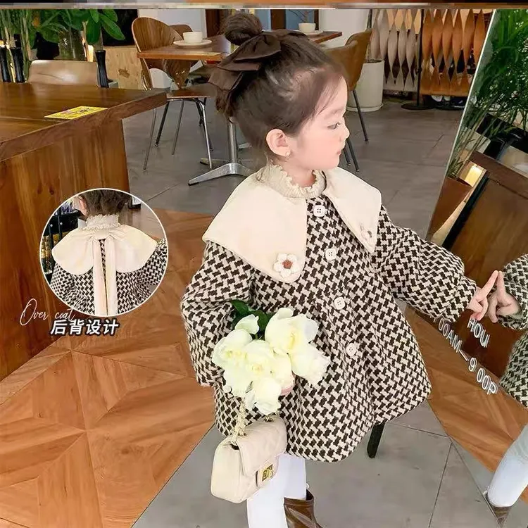 女童呢子外套秋冬洋气2025新款小童千鸟格女宝宝加绒加厚毛呢冬装