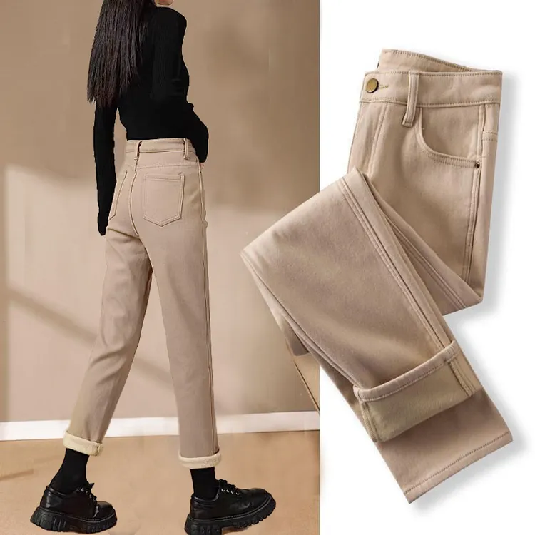 卡其色直筒牛仔裤女款爆款2025秋冬加绒加厚高腰显瘦九分烟管裤子