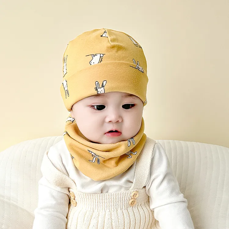 婴幼儿帽子围脖两件套秋冬款印花棉质男女童可爱防风套头帽套装潮