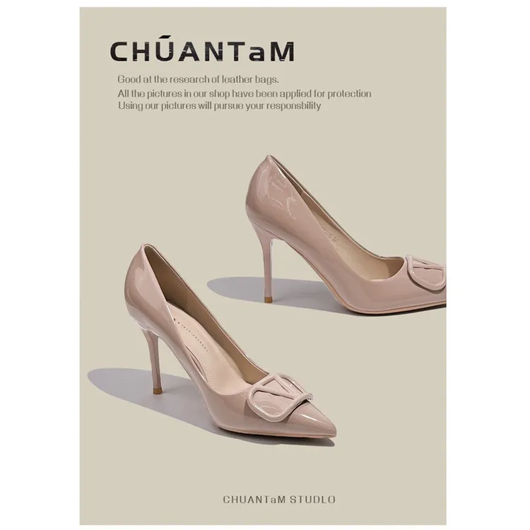 对柜对版羊皮垫气质百搭V扣尖头细跟高跟鞋女漆皮浅口高跟鞋裸色