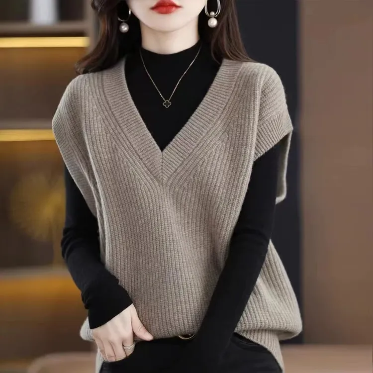 品牌欧货女士马甲秋季外穿纯色毛衣针织背心坎肩外搭洋气v领马夹