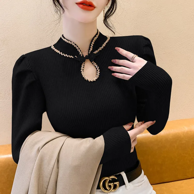 品牌折扣新中式盘扣针织立领毛衣女秋冬新款镂空长袖洋气打底上衣