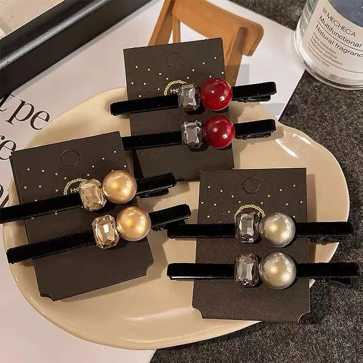 韩国东大门轻奢闪钻发夹秋冬植绒名媛气质贝珠刘海夹侧边夹小香风