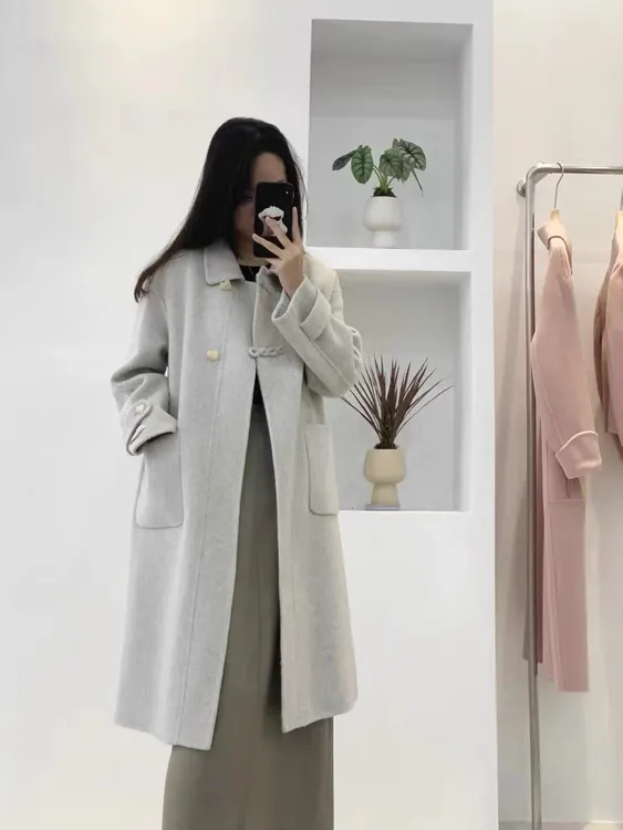 双面羊毛大衣女长款高端气质时尚秋冬大翻领大衣大翻领爱心扣大衣